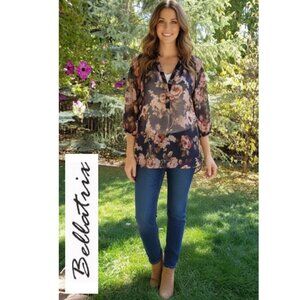 BELLATRIX, 3/4 sleeve floral navy/pink blouse